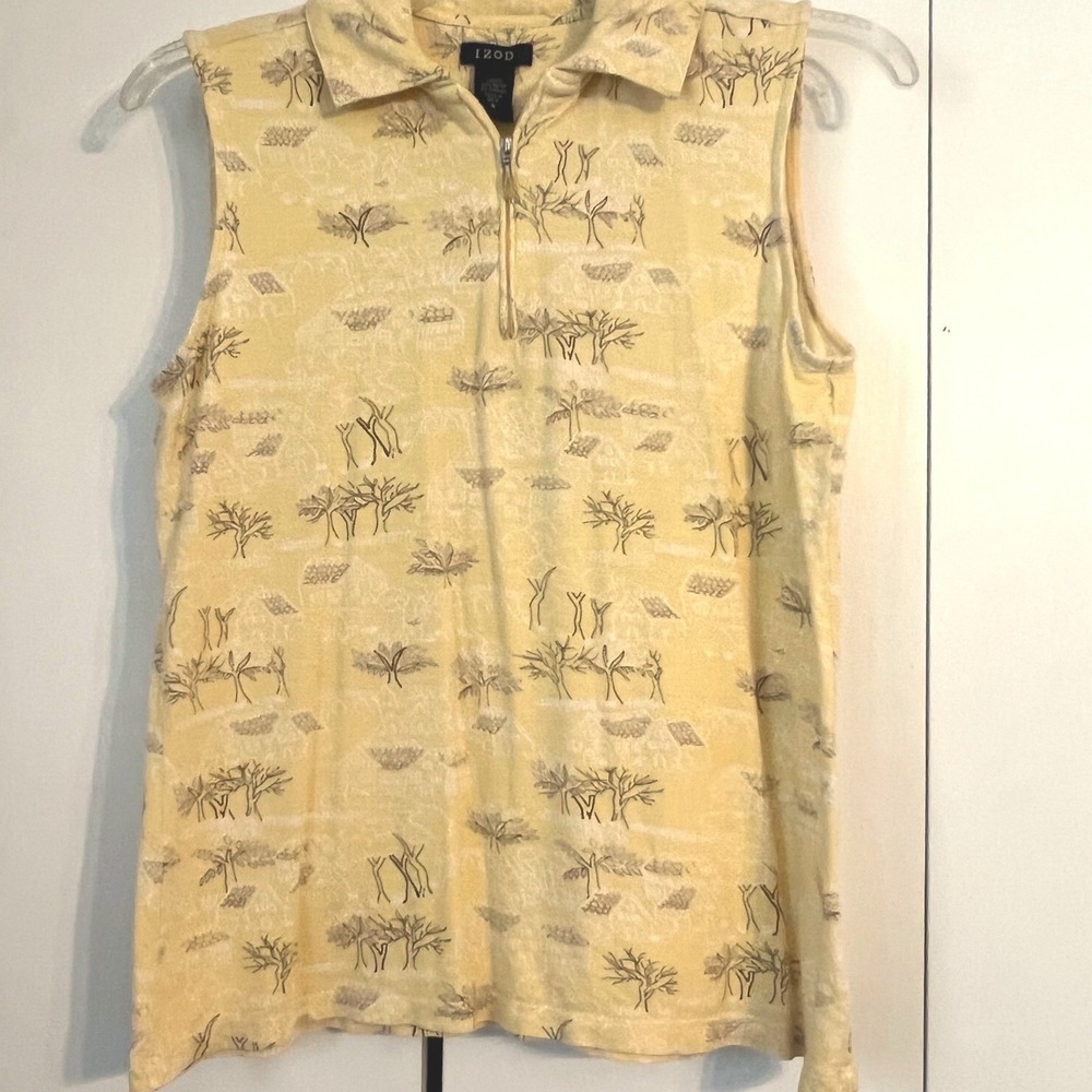 Coastal Resort IZOD Village Print Sleeveless 1/4 Zip Polo Shirt Yellow Golf Sm